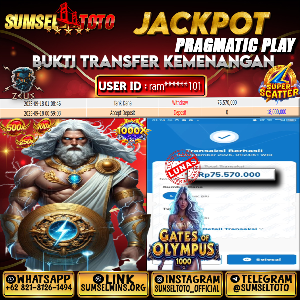 SUMSELTOTO JACKPOT GATES OF OLYMPUS Rp.75,570,000.,- LUNAS